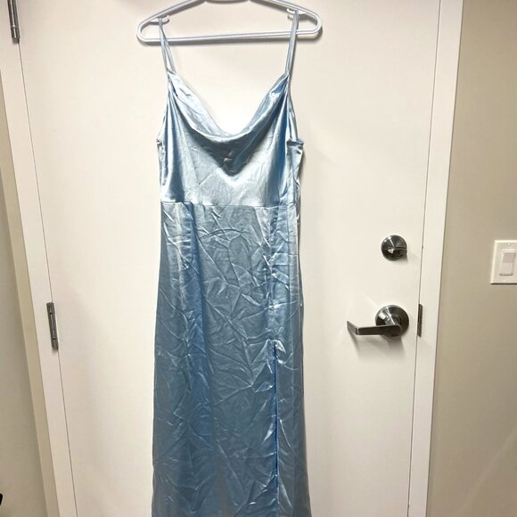 Sky Blue Cowl Neckline Slip Dress with Leg Slit - Picture 1 of 3